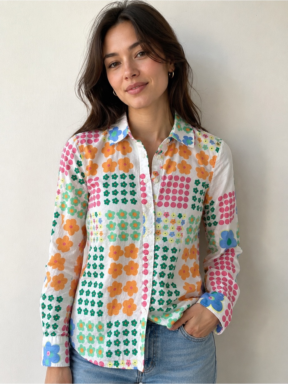 Talbots White Button-Down Shirt with Multicolor Floral Patchwork